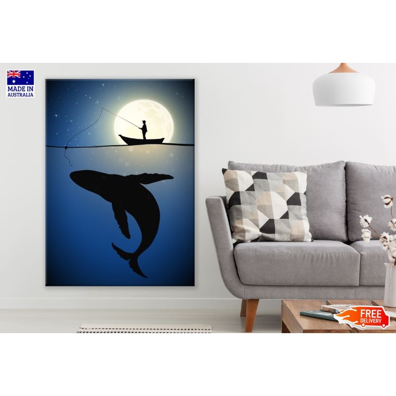 Whale & Fisherman Night Vector Art Print 100% Australian Made