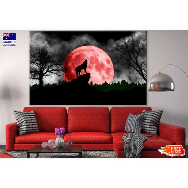 Wolf & Red Moon Vector Art Print 100% Australian Made