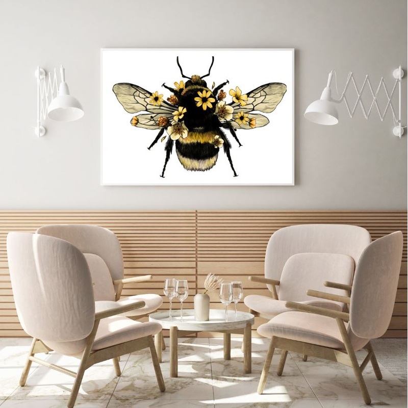Bee with Flowers Vector Painting Home Decor Premium Quality Poster Print Choose Your Sizes