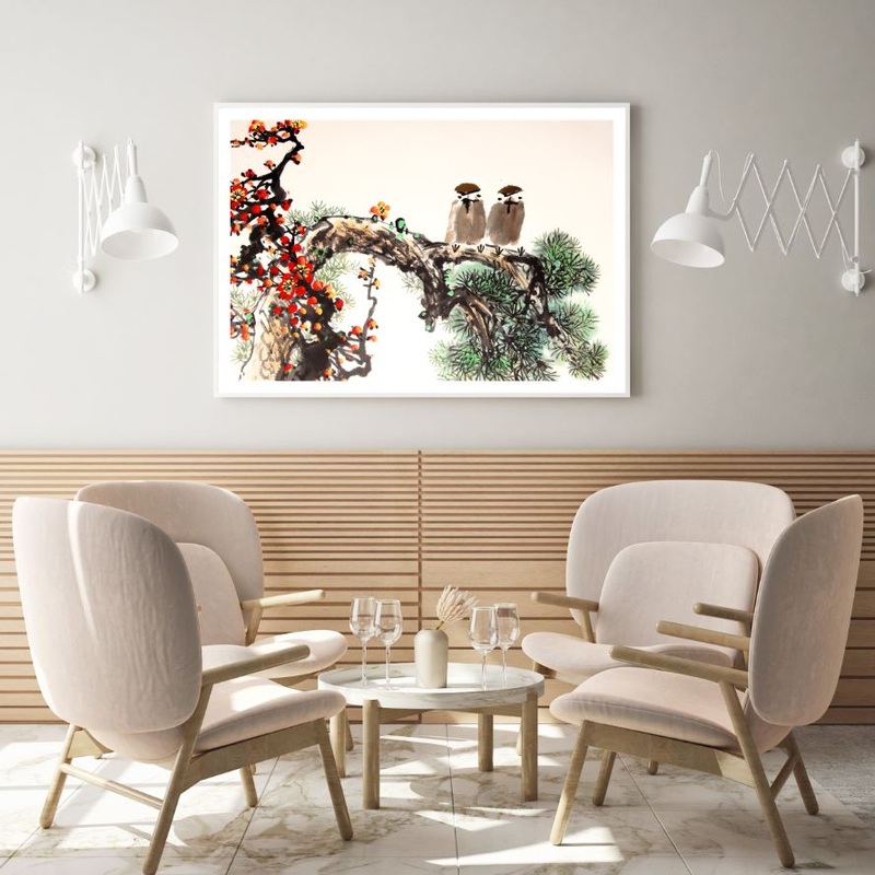 Birds on Flower Tree Painting Home Decor Premium Quality Poster Print Choose Your Sizes