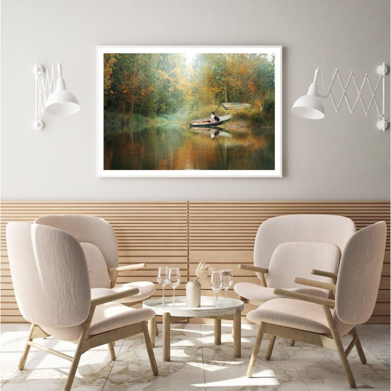 Boat & Dog on Lake Oil Painting Home Decor Premium Quality Poster Print Choose Your Sizes
