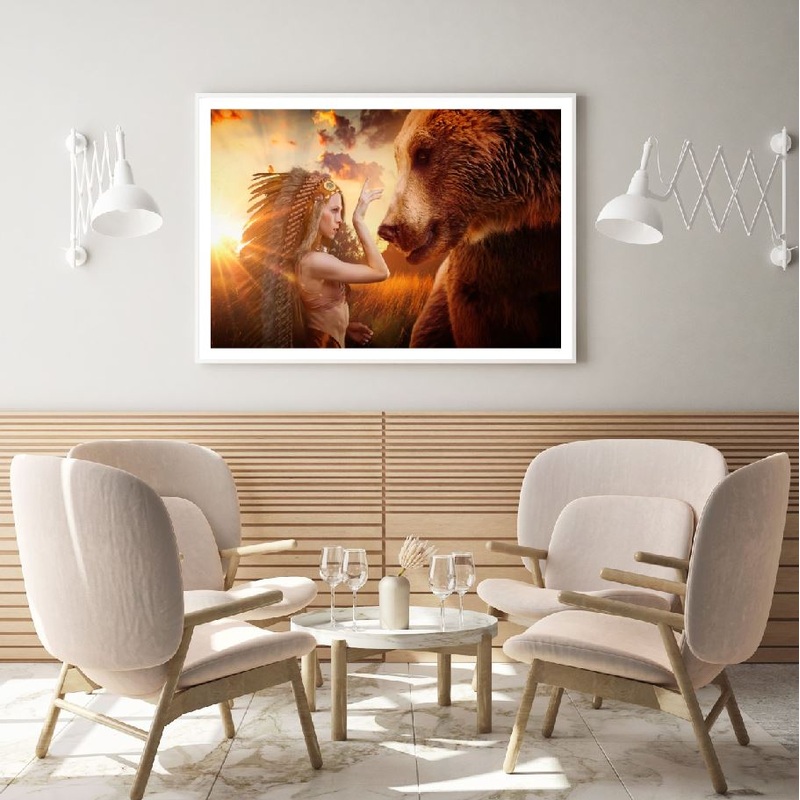 Bear & Indian Girl With Feathers Home Decor Premium Quality Poster Print Choose Your Sizes