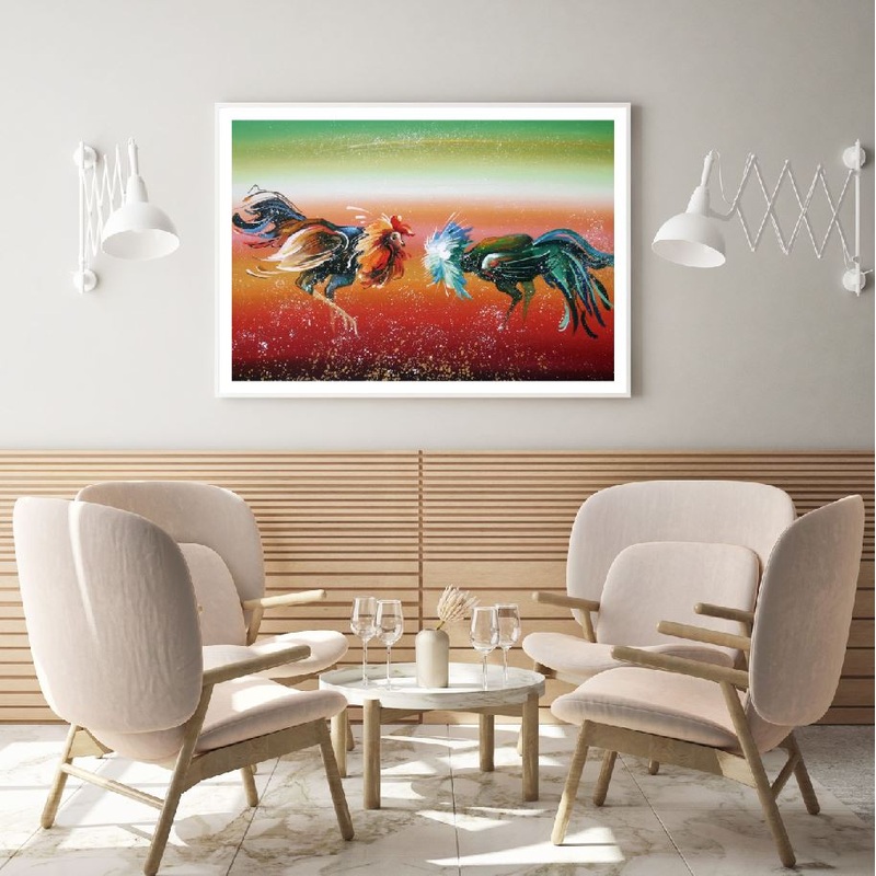 Roosters Fighting Oil Painting Home Decor Premium Quality Poster Print Choose Your Sizes