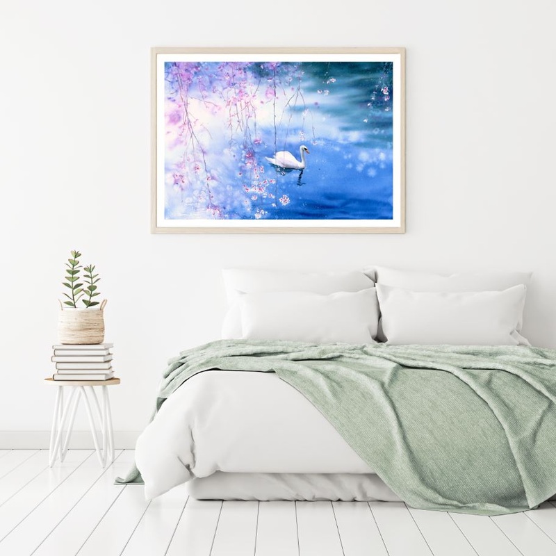 Swan in Lake & Flowers Photograph Home Decor Premium Quality Poster Print Choose Your Sizes