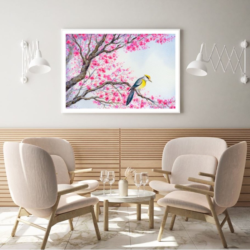 Bird on Pink Floral Tree Painting Home Decor Premium Quality Poster Print Choose Your Sizes