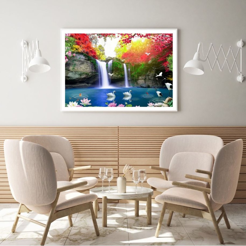 Birds on Pond Near Waterfall Scenery Photograph Home Decor Premium Quality Poster Print Choose Your Sizes