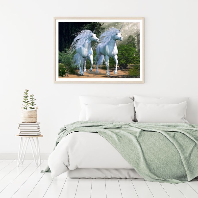 Running Unicorns in Forest Oil Painting Home Decor Premium Quality Poster Print Choose Your Sizes