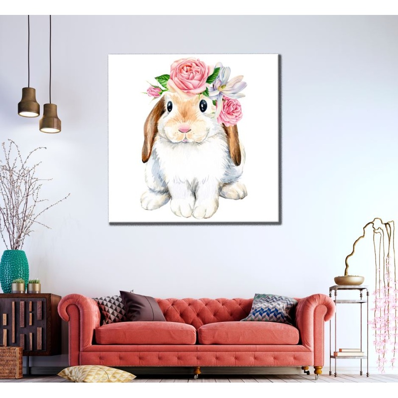 Square Canvas Rabbit with Floral Headdress Painting High Quality Print 100% Australian Made