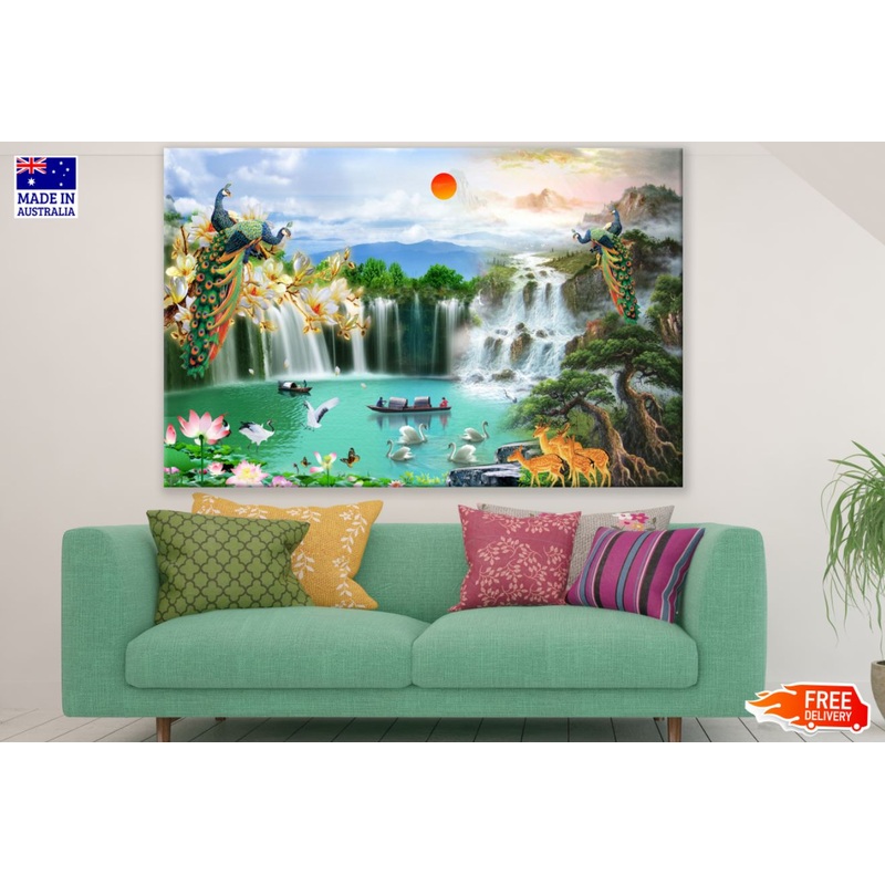 Waterfall & Animals Scenery Paint Print 100% Australian Made