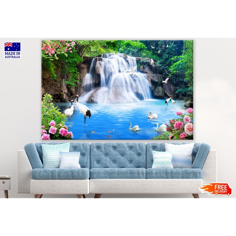 Waterfall & Birds Scenery View Print 100% Australian Made
