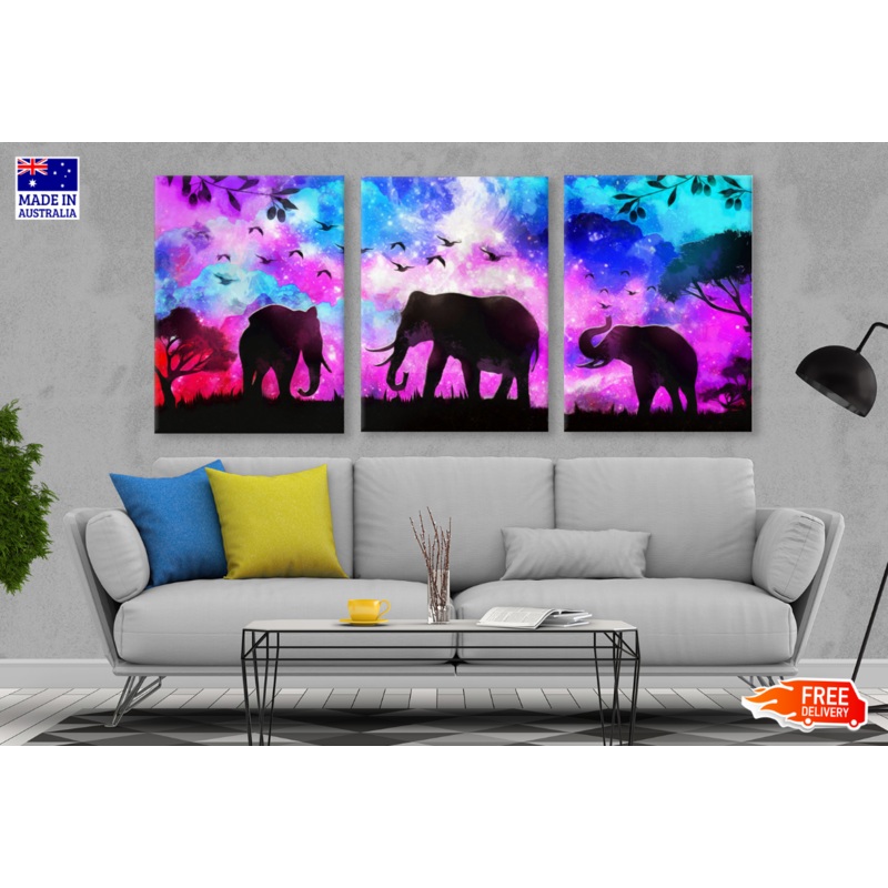 3 Set of Abstract Colourful Background with Elephants High Quality print 100% Australian made wall Canvas ready to hang