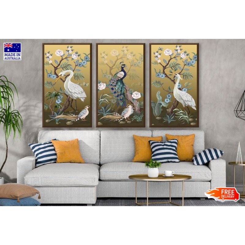3 Set of Peacocks & Flowers Design High Quality Print 100% Australian Made Wall Canvas Ready to Hang