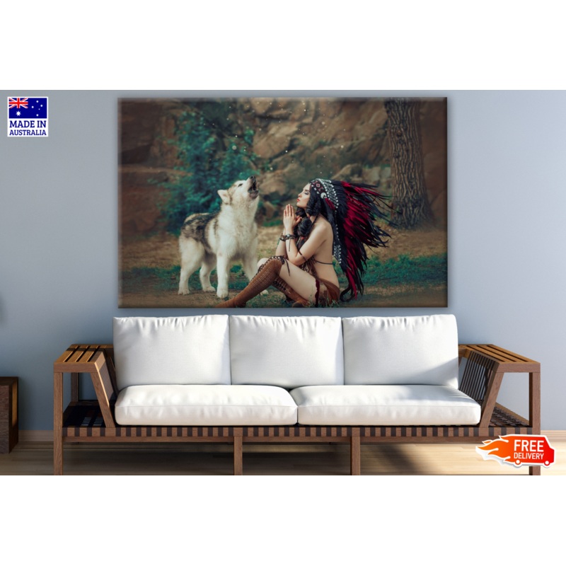 American Indian Worrior Woman Prays & a Wolf Howls Next to Her Photograph Print 100% Australian Made