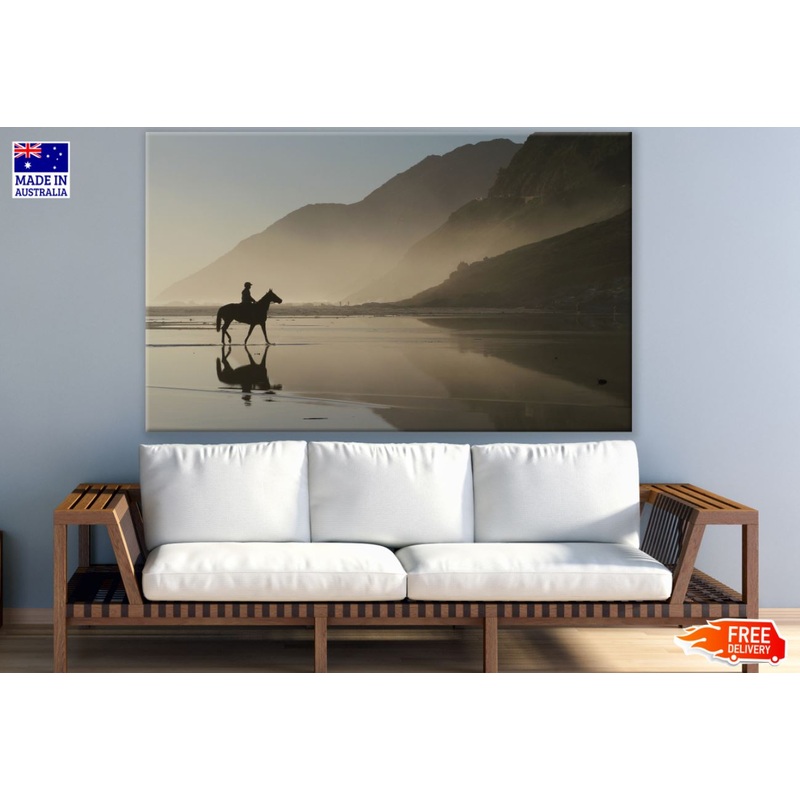 Boy on Horse Near Misty Lake View Print 100% Australian Made