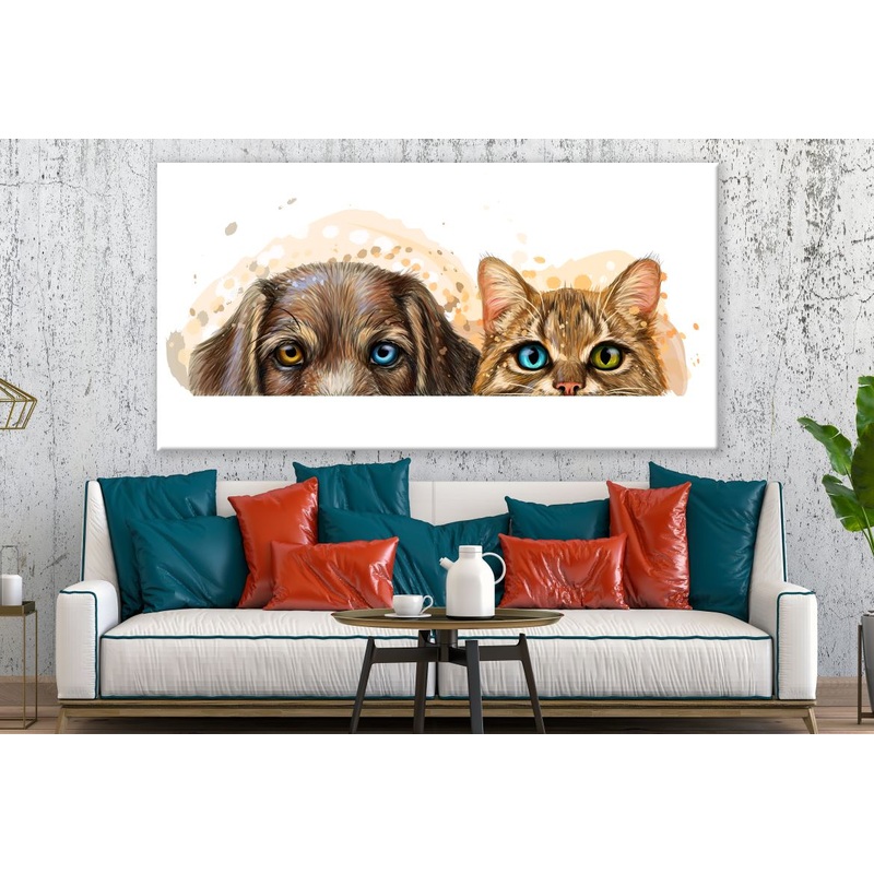 Cat & Dog with Two Color eyes Painting Print 100% Australian Made