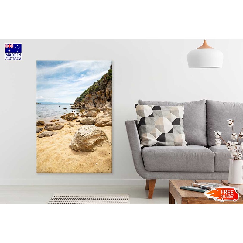 Rocks near Seashore Cloudy Sky View Scenery Print 100% Australian Made
