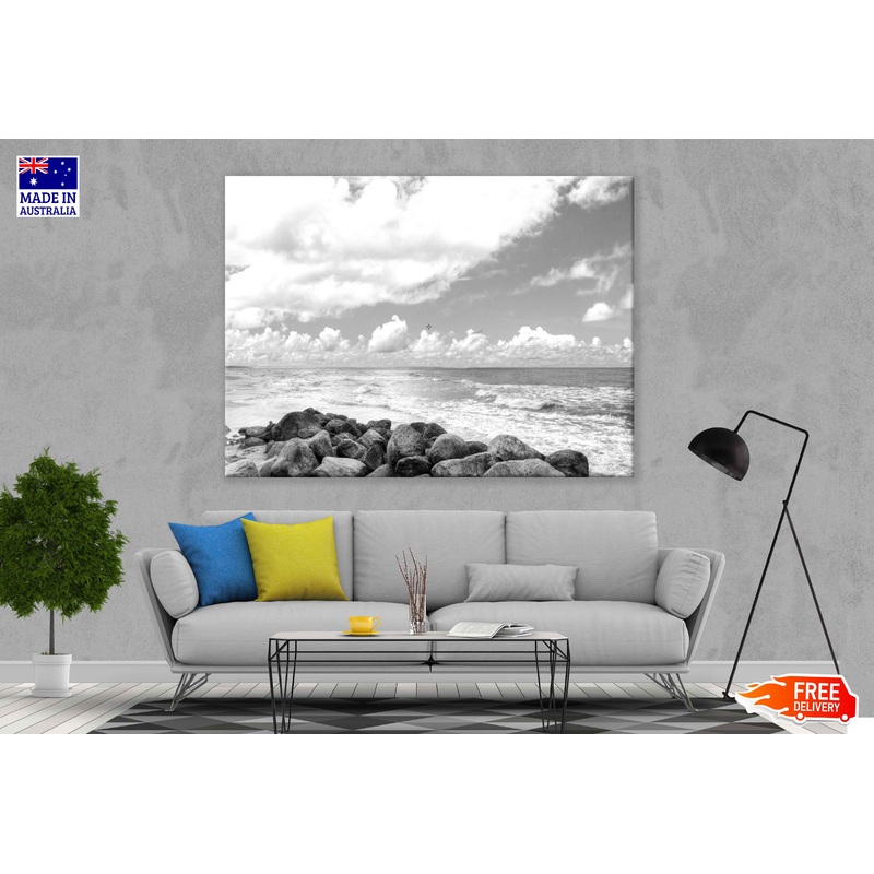 Rocky Sea with Cloudy Sky B&W Photograph Print 100% Australian Made