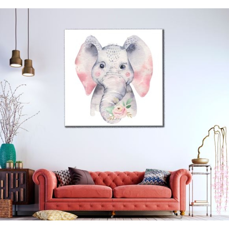 Square Canvas Baby Elephant with Flowers Kids Watercolor Painting High Quality Print 100% Australian Made