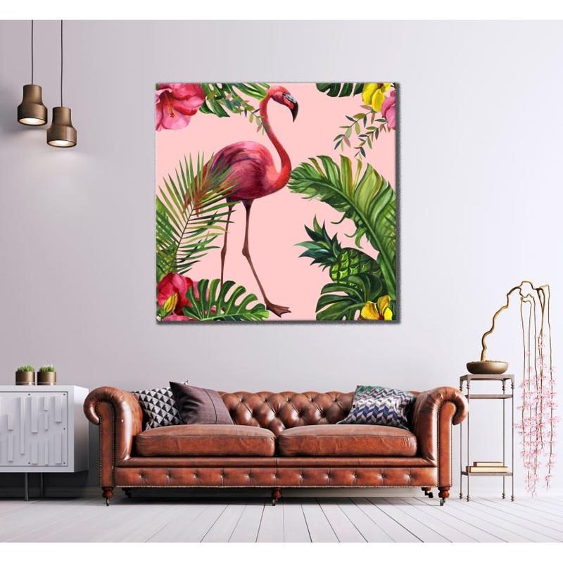 Square Canvas Flamingo Bird in Forest Painting High Quality Print 100% Australian Made