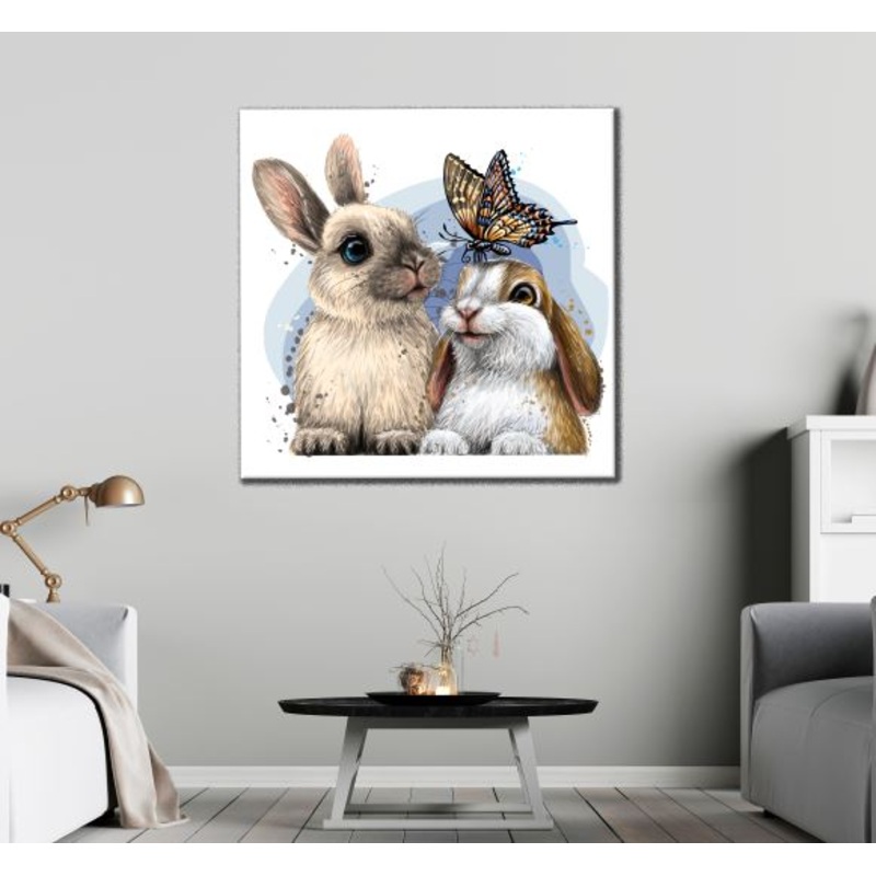 Square Canvas Rabbits & Butterfly Watercolor Kids Painting High Quality Print 100% Australian Made