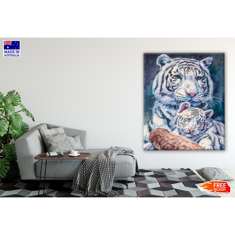 White Tiger Mom and Baby Watercolour Painting Print 100% Australian Made