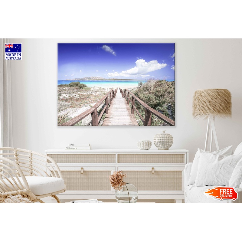 Wooden Path to Beach & Blue Sky View Print 100% Australian Made