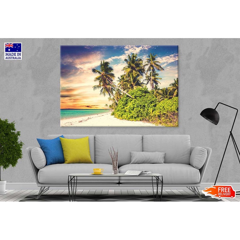 Beach with Palm Trees Sunset Sky Photograph Print 100% Australian Made