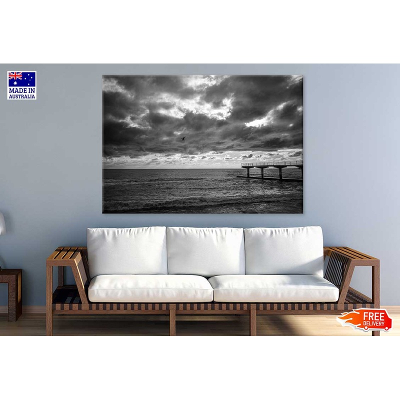 Pier on Sea with Cloudy Sky B&W Photograph Print 100% Australian Made