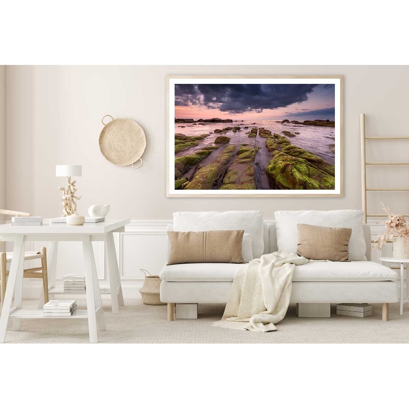 Sunset Seascape with Green Moss Photograph Home Decor Premium Quality Poster Print Choose Your Sizes