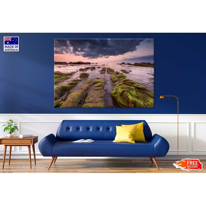 Sunset Seascape with Green Moss Photograph Print 100% Australian Made