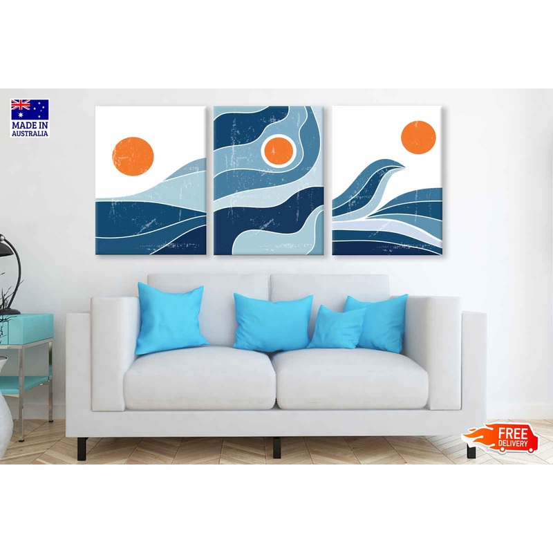 3 Set of Sea Sun Waves Vector Illustration High Quality Print 100% Australian Made Wall Canvas Ready to Hang