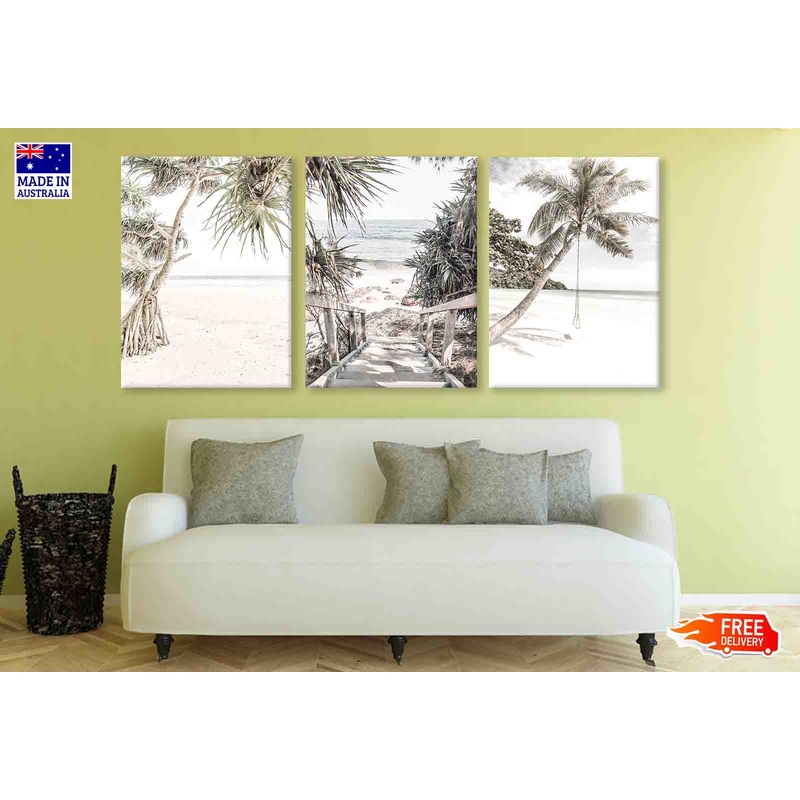 3 Set of Palm Tree & Sea with Swing Photograph High Quality Print 100% Australian Made Wall Canvas Ready to Hang