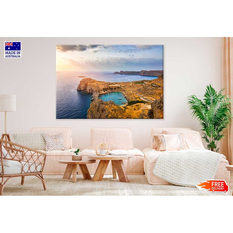 Aerial View on St. Paul's Bay in Lindos Print 100% Australian Made