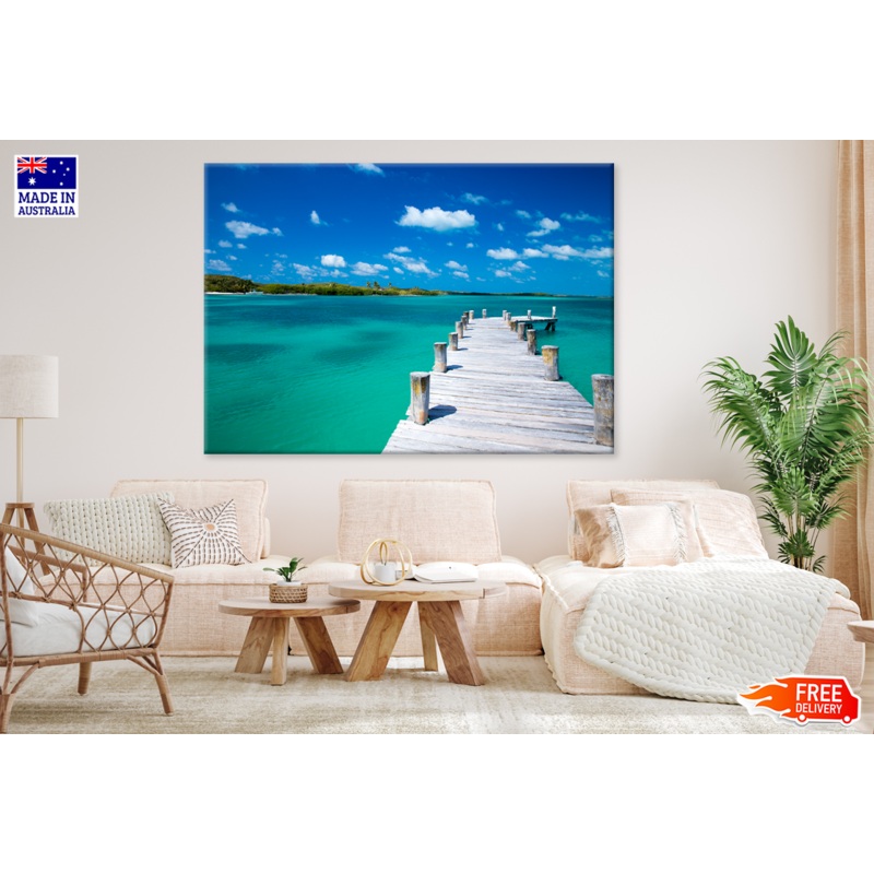 Wooden Pier On Sea & Sky View Print 100% Australian Made