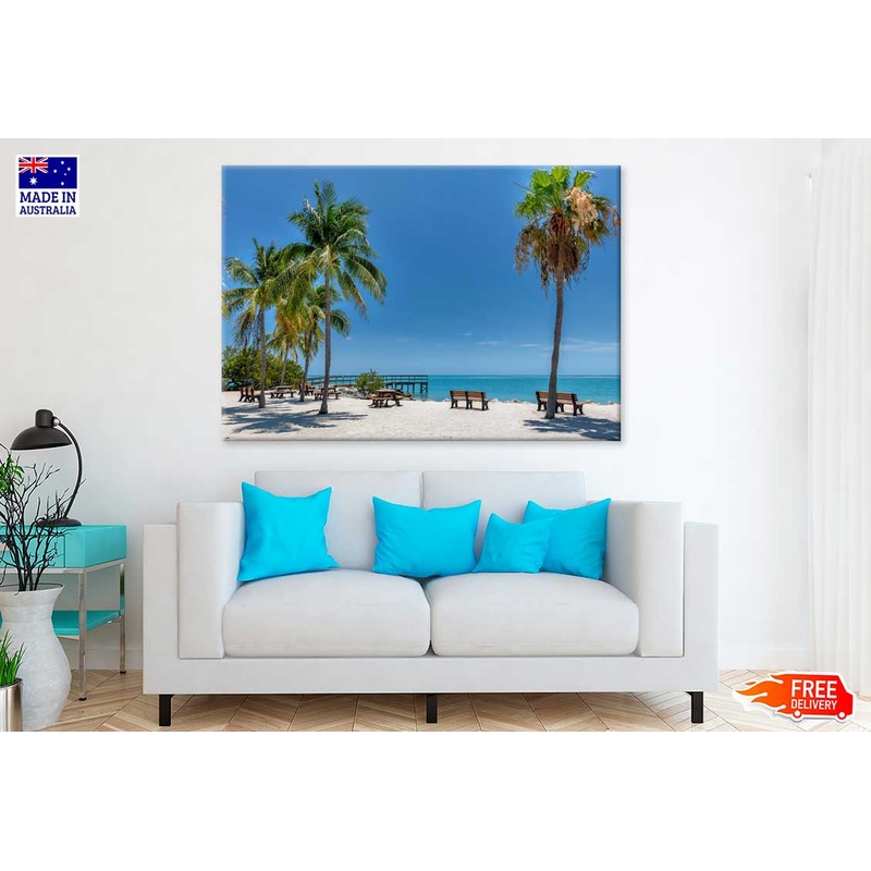 Wooden Pier on Sea with Palm Trees View Photograph Print 100% Australian Made