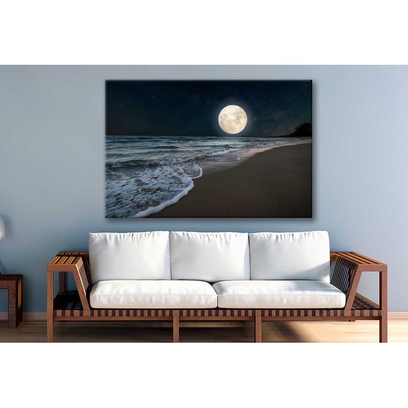 Bella Home Beach Full Moon at Night Print Canvas Ready to hang