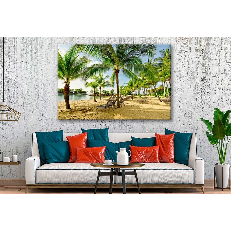 Bella Home Beach Sentosa With Beach Chairs & Palm Print Canvas Ready to hang