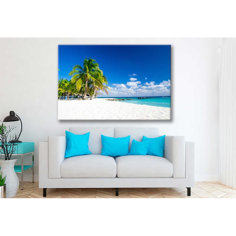 Bella Home Blue Sky Summer Sea & Palm Trees Print Canvas Ready to hang