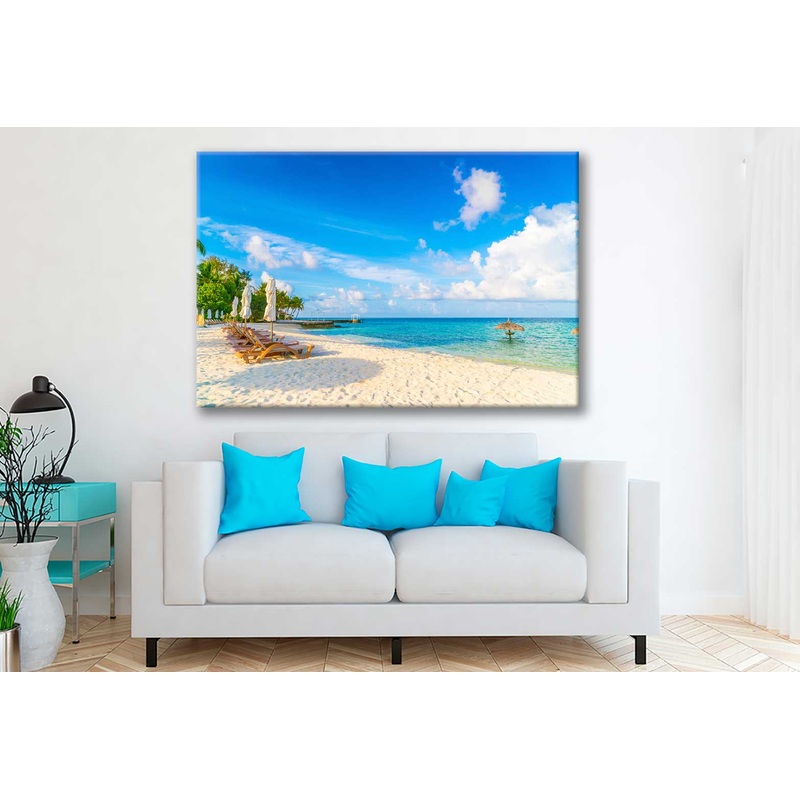 Bella Home Chairs & Umbrella near Beach View Print Canvas Ready to hang