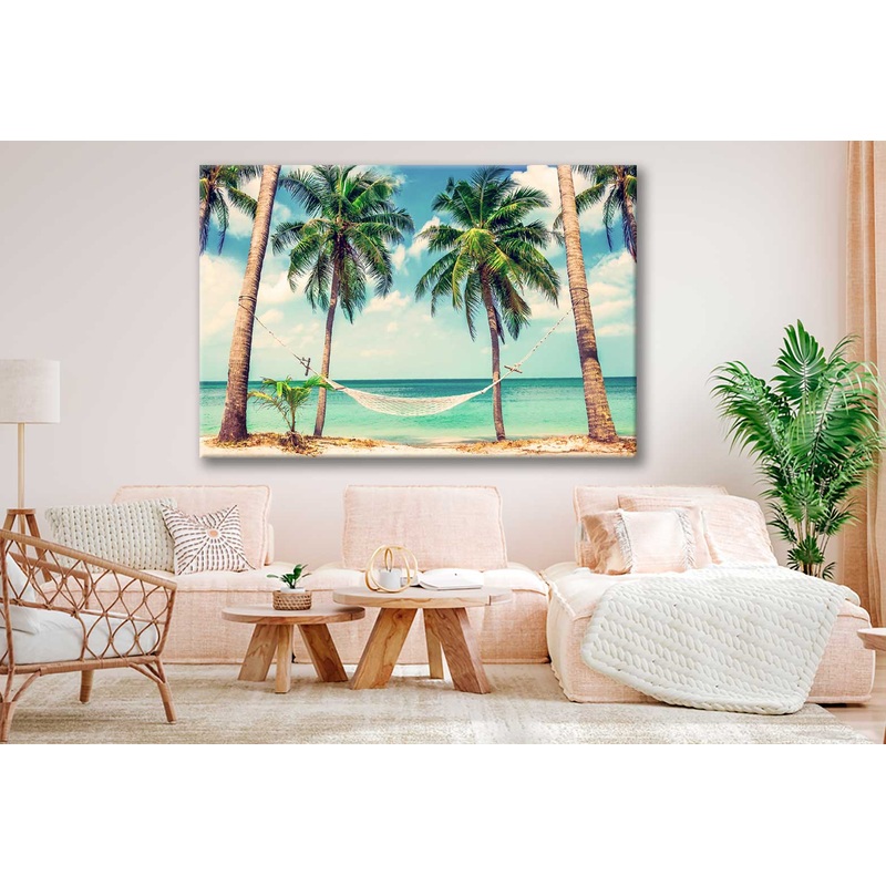 Bella Home Hammock with Palm Trees near Sea Print Canvas Ready to hang
