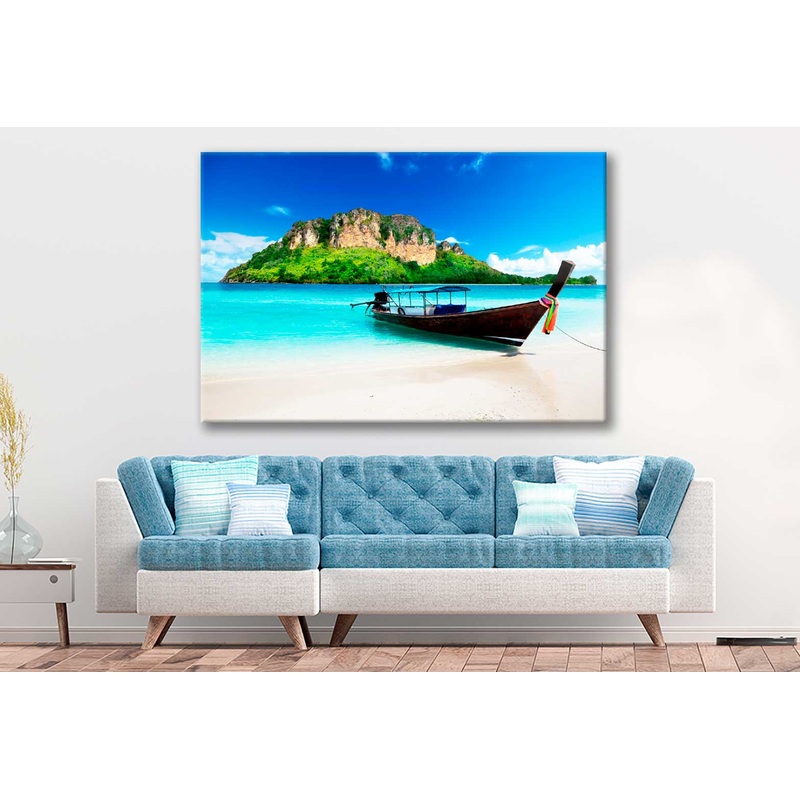 Bella Home Mountain Island & Boat Beach View Print Canvas Ready to hang