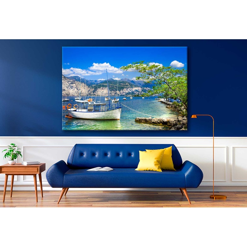Bella Home Sea Boats & Mountain Range View Print Canvas Ready to hang