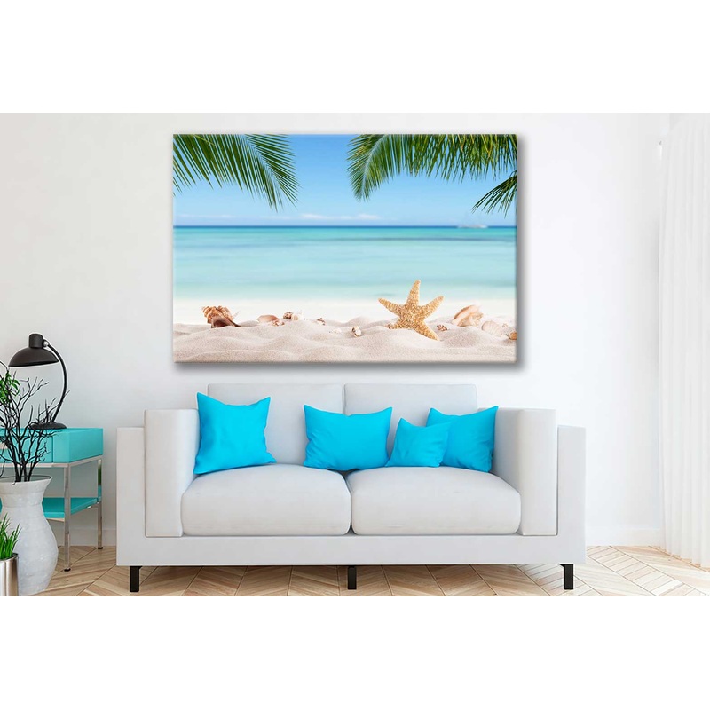 Bella Home Sea Shells Sand With Palm Leaves Print Canvas Ready to hang