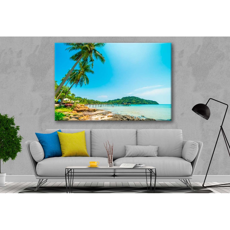 Bella Home Wooden Pier & Palm Trees near Sea Print Canvas Ready to hang