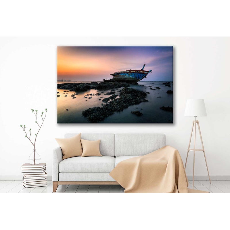 Bella Home Wrecked Boat On The Beach Print Canvas Ready to hang