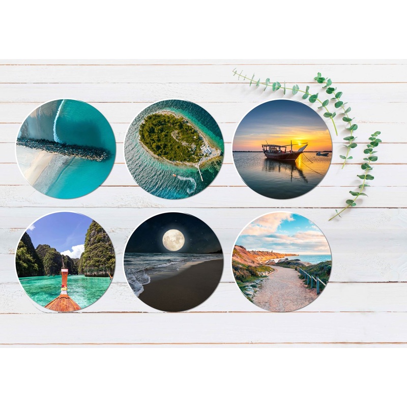 Beach Island Boats Sunset Sea Moon Coasters Wood & Rubber - Set of 6 Coasters