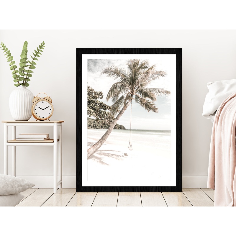 Beach Swing Palm Tree near Sand Beach View Glass Framed Wall Art, Ready to Hang Quality Print