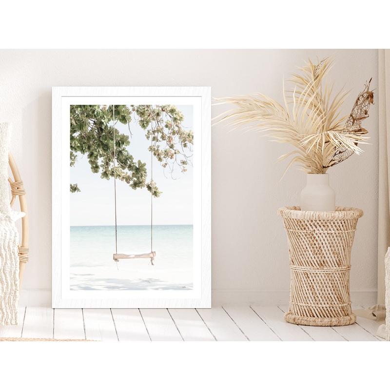 Beach Swing & Tree near Beach Photograph Glass Framed Wall Art, Ready to Hang Quality Print