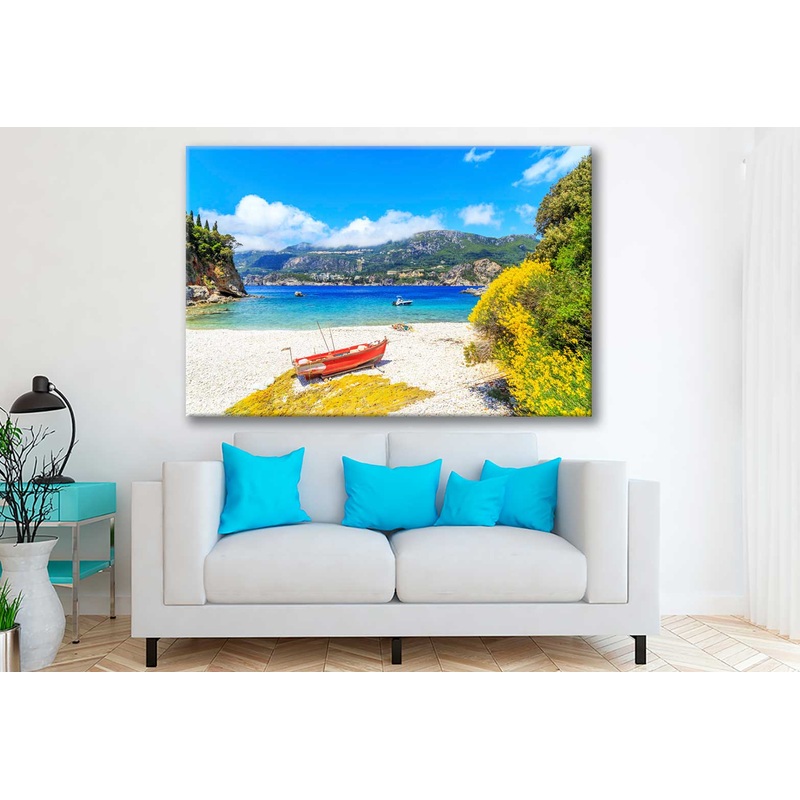 Bella Home Boat on Beach & Blue Sea View  Print Canvas Ready to hang