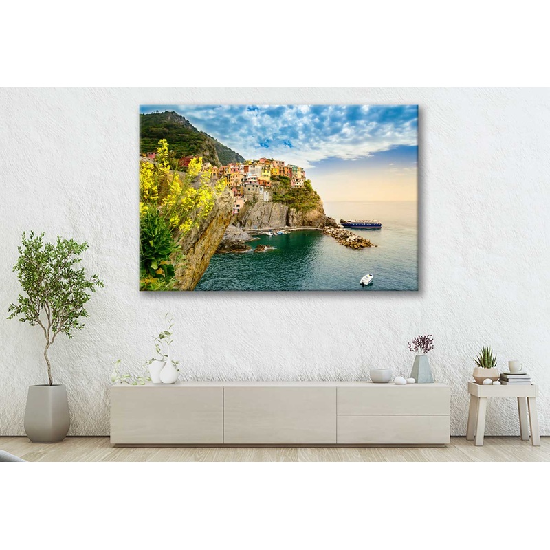 Bella Home Colorful Village on a Cliff & Sea Print Canvas Ready to hang